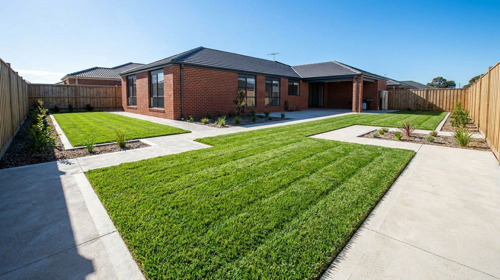 Common lawn problems South East Melbourne – lush green striped Kikuyu lawn with sharp precision edging in suburban backyard