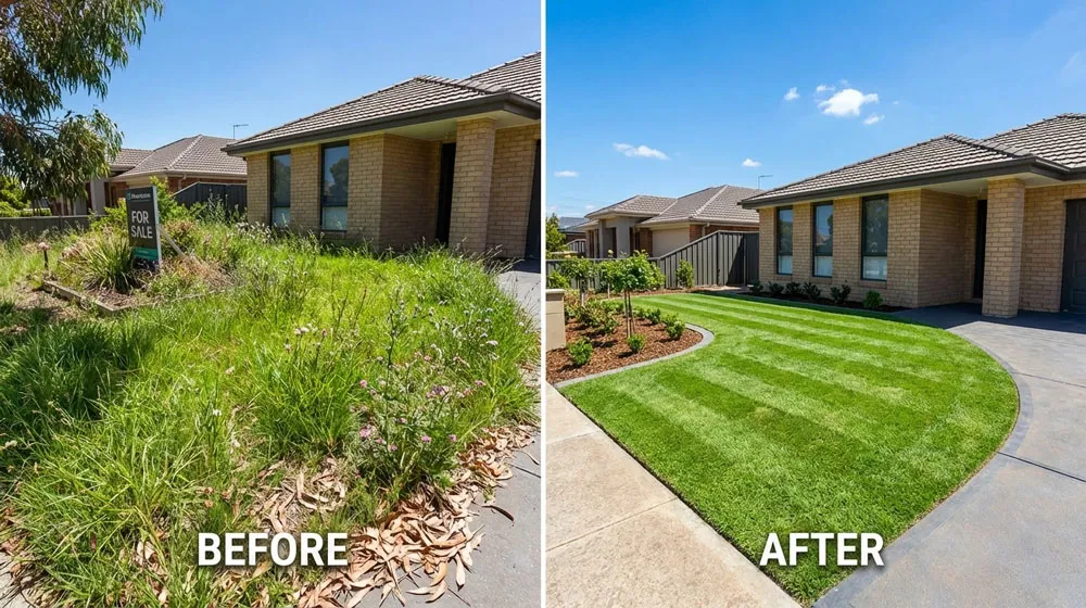 Lawn mowing Berwick before and after – overgrown yard transformed to neat striped green lawn by Small Brother