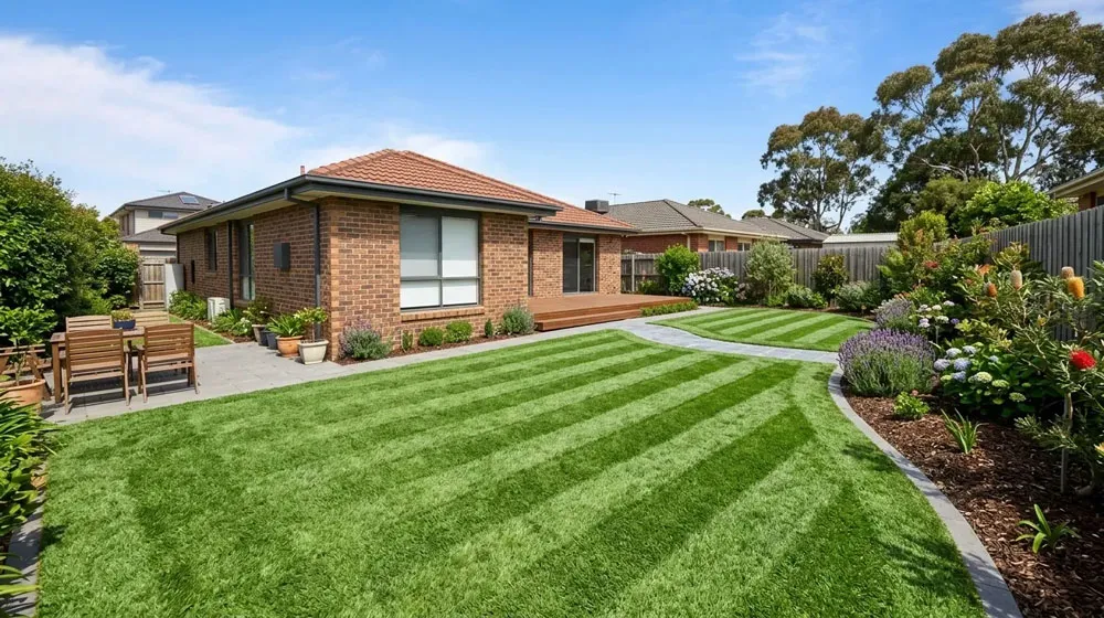 Lawn mowing frequency South East Melbourne – lush green striped Kikuyu lawn with sharp precision edging in suburban backyard
