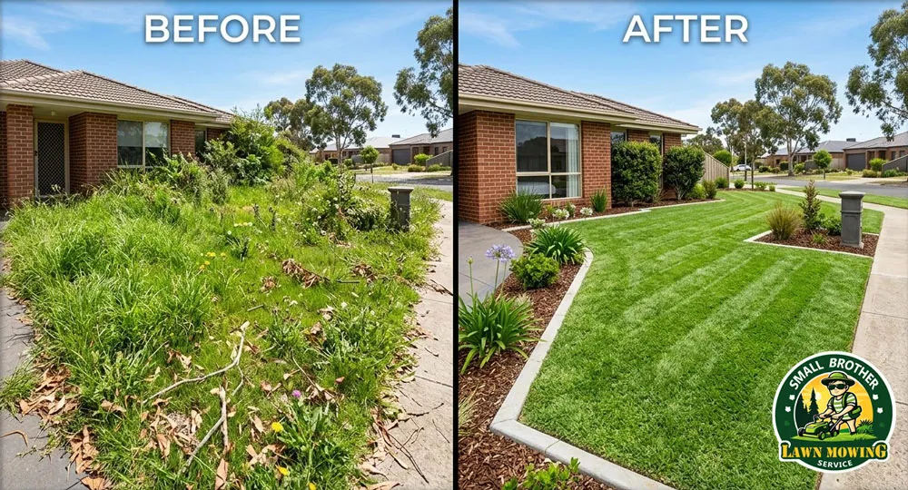 Lawn mowing Officer before and after – overgrown yard transformed to neat striped green lawn by Small Brother
