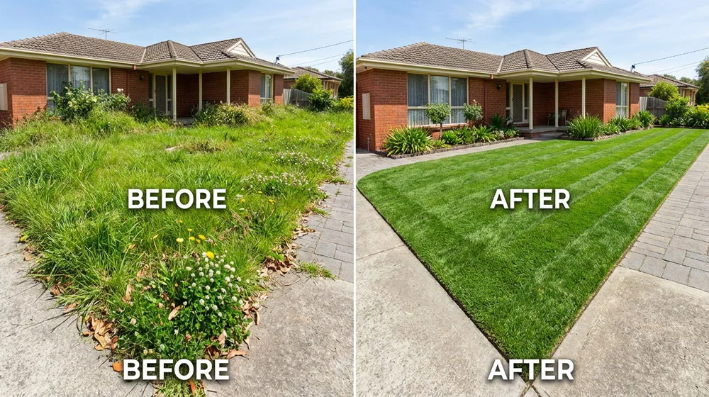 Lawn Mowing & Garden Care in Narre Warren – Small Brother Before and after lawn mowing transformation in Narre Warren – overgrown weedy yard to neat striped green lawn