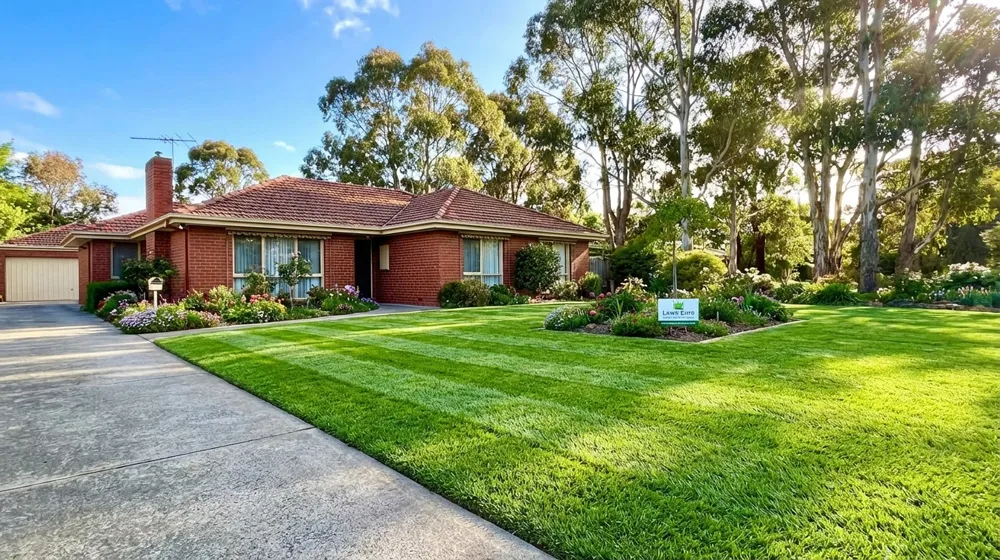 Professional lawn mowing Beaconsfield – lush green striped Kikuyu lawn with sharp edging in suburban front yard