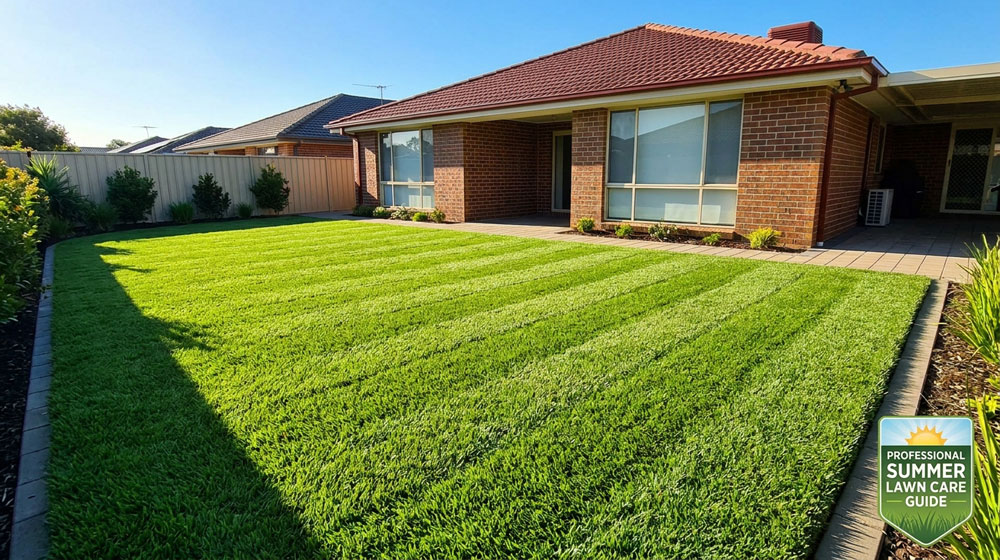Summer lawn care South East Melbourne – lush green striped Kikuyu lawn with sharp precision edging in suburban backyard