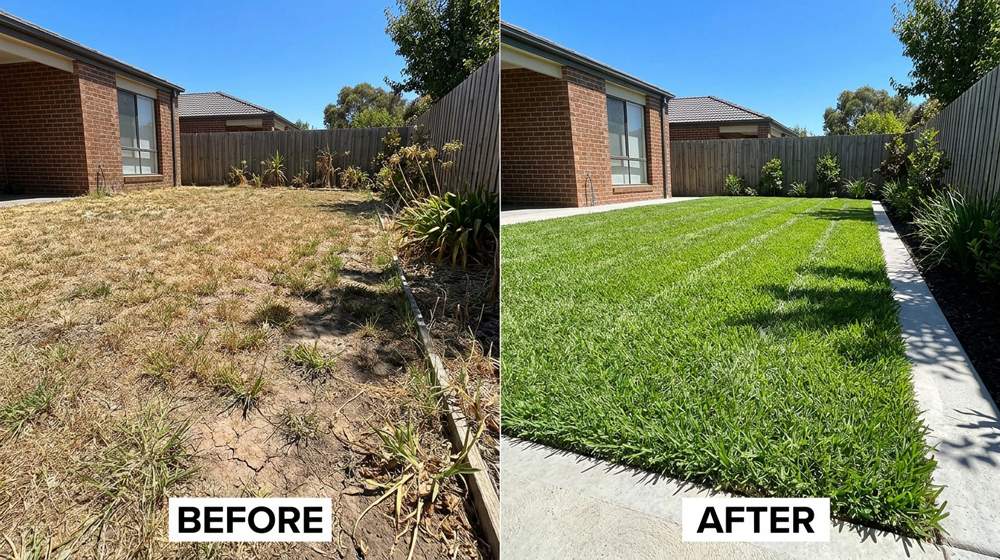 Why lawn turns brown in summer South East Melbourne – lush green striped Kikuyu lawn after proper summer care