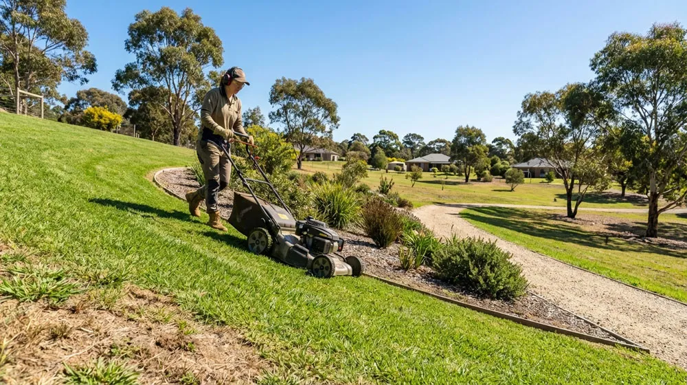Safe mowing on sloping lawn Narre Warren North – up/down technique to prevent rollover