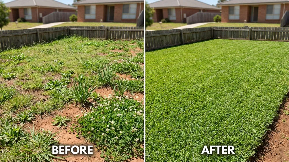 Before and after weed control Bindi Onion Weed Clover in Narre Warren Kikuyu lawn