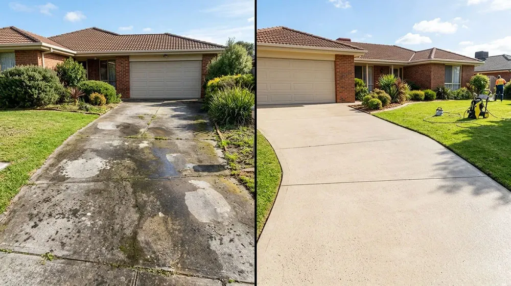 Home Professional pressure washing South East Melbourne – before and after clean driveway in Narre Warren or Cranbourne by Small Brother