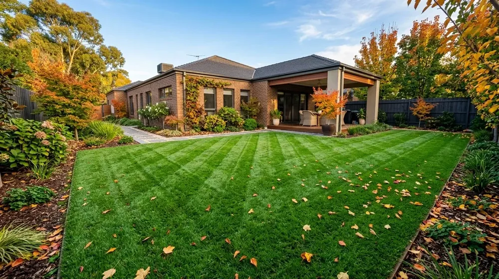 Autumn lawn care South East Melbourne – lush green striped healthy lawn with autumn leaves in suburban backyard