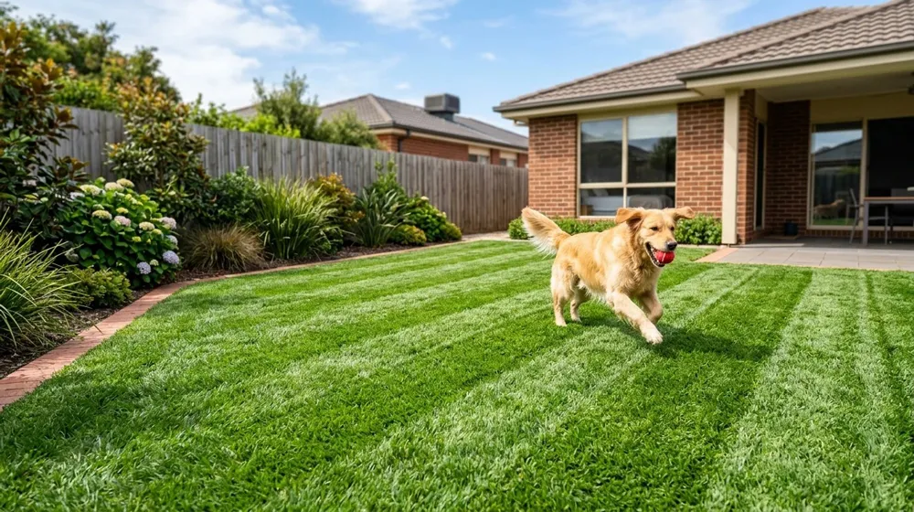 Dog urine spots on lawn repair South East Melbourne – healthy lush green lawn with dog playing in backyard