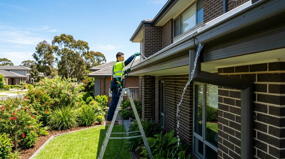 Gutter cleaning guide South East Melbourne – clean gutters protecting a healthy green lawn on suburban house
