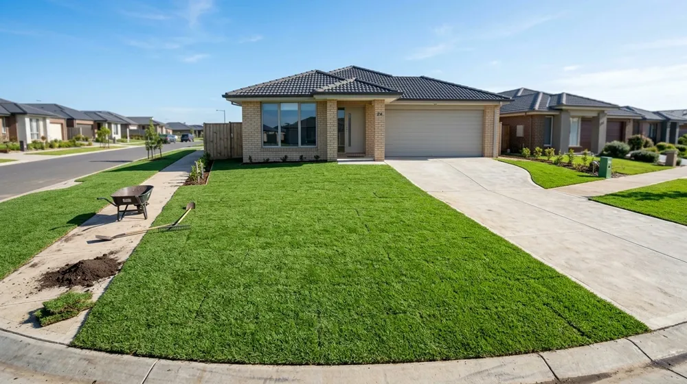 How to establish a new lawn in new estates South East Melbourne – freshly laid lush green turf in suburban backyard