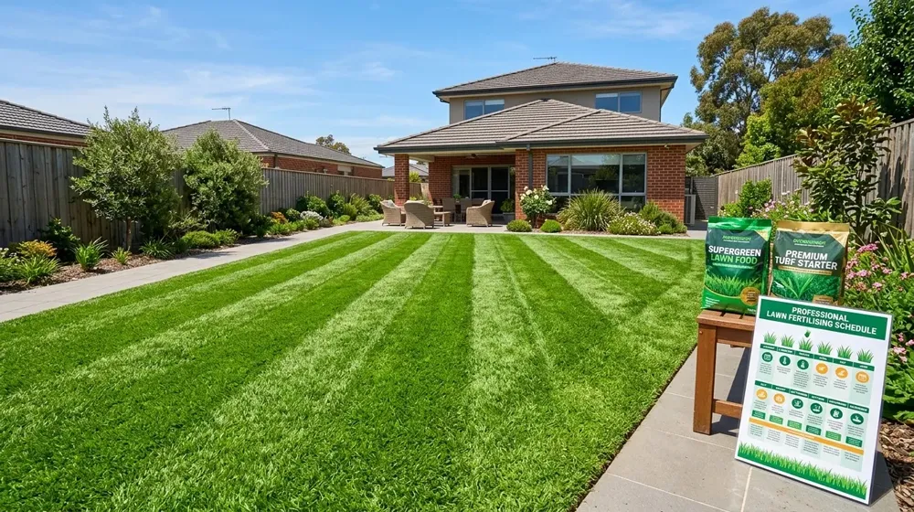 Lawn fertilising schedule South East Melbourne – lush green striped Kikuyu lawn with sharp precision edging in suburban backyard