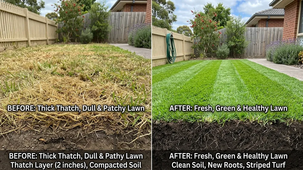 Lawn thatch build-up and dethatching guide South East Melbourne – before and after healthy green lawn