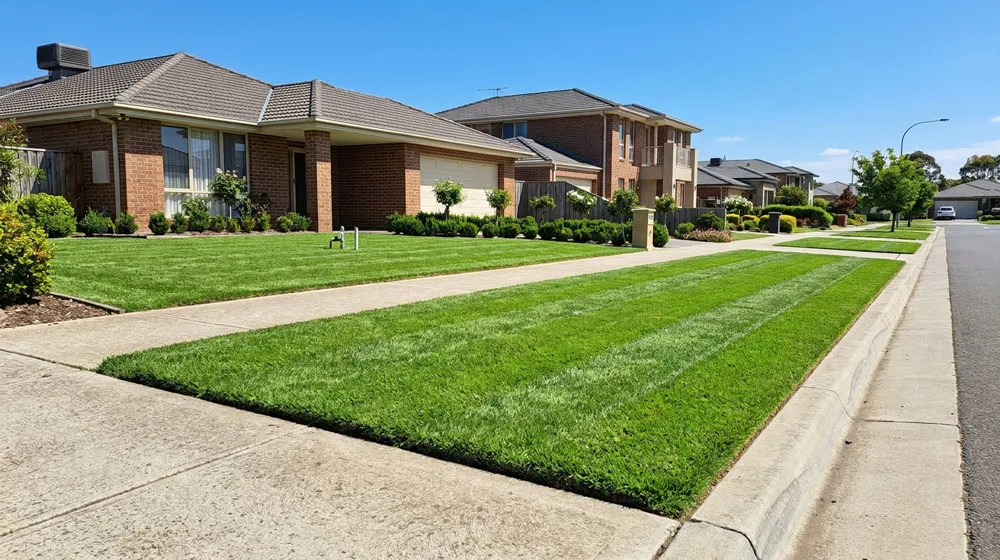 Nature strip mowing guide South East Melbourne – neatly mowed green grass with sharp edging along suburban street