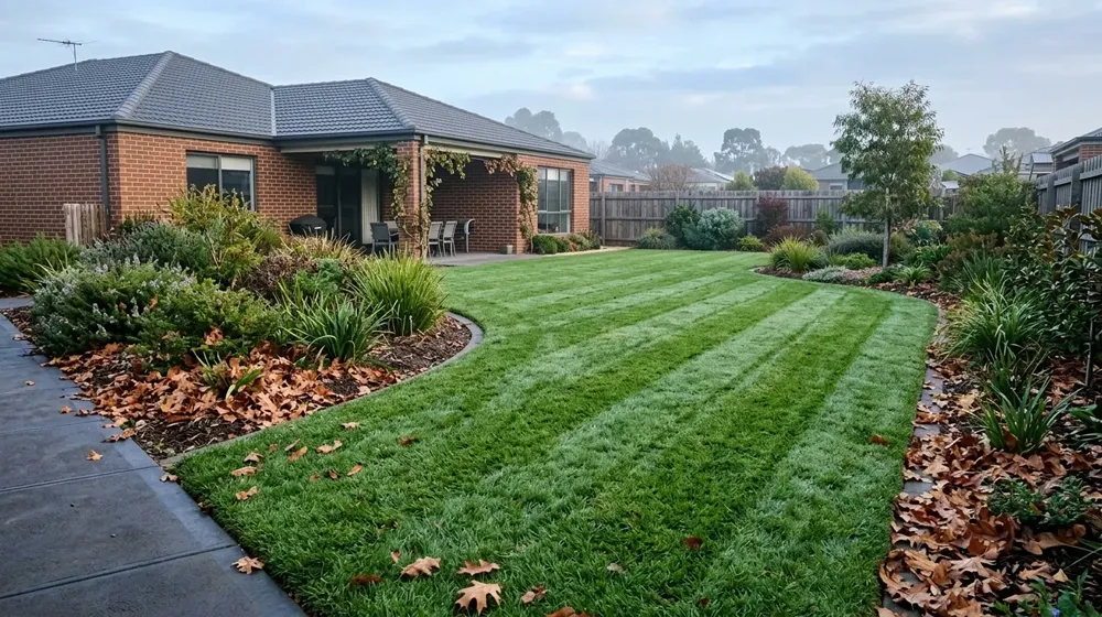 Winter lawn care South East Melbourne – lush green striped healthy lawn in suburban backyard during cooler months