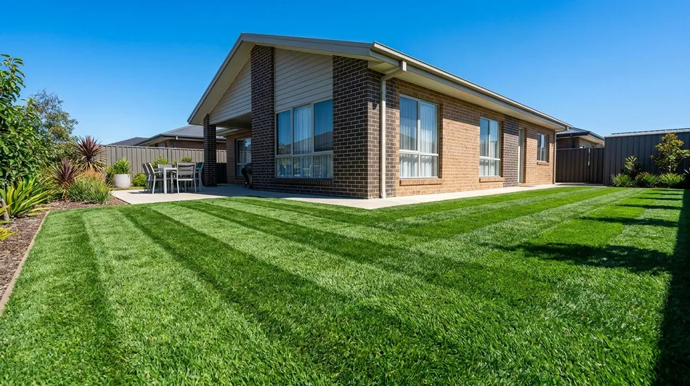 Yellow lawn in summer South East Melbourne – lush healthy green striped lawn after proper summer care