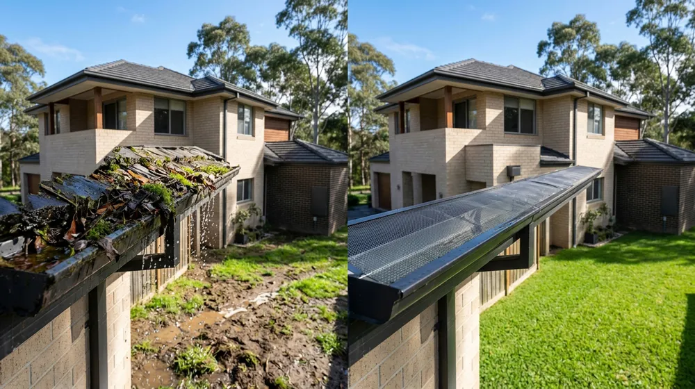 Leaf guards for gutters Melbourne – before and after clean gutters protecting healthy lawn from overflow